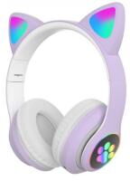 Полноразмерные наушники беспроводные Cat Headset M23 Bluetooth с RGB подсветкой и кошачьими ушками Purple