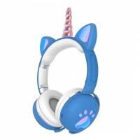 Детские наушники с ушками Catear Unicorn ME2-CU Bluetooth беспроводные с LED подсветкой и MicroSD до 32Гб Blue