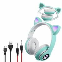 Беспроводные Bluetooth наушники с ушками Cute Headset CH-28J подсветка RGB и MP3 плеер MicroSD FM-Радио Мятные