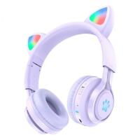Детские наушники с ушками беспроводные HOCO W39 Cat ear kids с подсветкой RGB фиолетовые