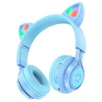 Наушники беспроводные с ушками детские HOCO W39 Cat ear kids с подсветкой RGB голубые