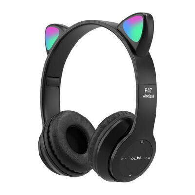 Наушники UKC Bluetooth с ушками и подсветкой Cat Miu Star P47 Черные фото в интернет магазине WiseSmart.com.ua