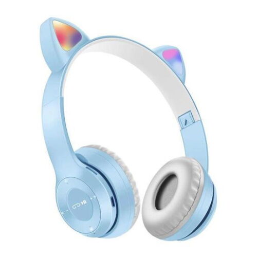 Наушники UKC Bluetooth с ушками и подсветкой Cat Miu Star P47 Голубые фото в интернет магазине WiseSmart.com.ua