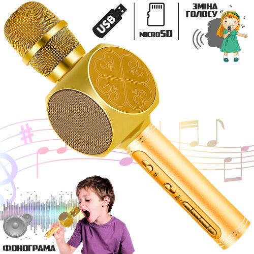 Беспроводной микрофон для караоке 2в1 Party Joy 63PJ Bluetooth с колонкой 3Вт Gold фото в интернет магазине WiseSmart.com.ua