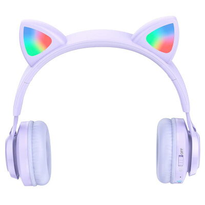 Детские наушники с ушками беспроводные HOCO W39 Cat ear kids с подсветкой RGB фиолетовые фото в интернет магазине WiseSmart.com.ua