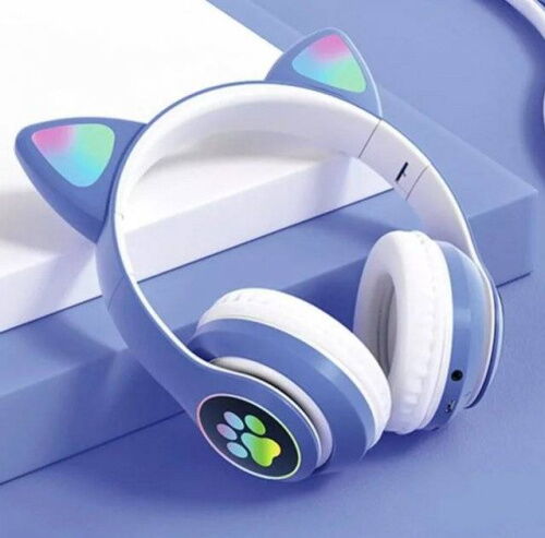 Полноразмерные наушники беспроводные Cat Headset M23 Bluetooth с RGB подсветкой и кошачьими ушками Blue фото в интернет магазине WiseSmart.com.ua