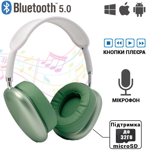 Полноразмерные беспроводные Bluetooth наушники-гарнитура с аккумулятором Macaron MP90 с MP3 плеером/AUX/microSD Зеленые фото в интернет магазине WiseSmart.com.ua