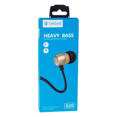 Проводные наушники 3.5mm Celebrat Heavy bass G10 вакуумные с микрофоном 1.2m Gold фото в интернет магазине WiseSmart.com.ua