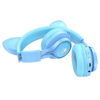 Наушники беспроводные с ушками детские HOCO W39 Cat ear kids с подсветкой RGB голубые фото в интернет магазине WiseSmart.com.ua