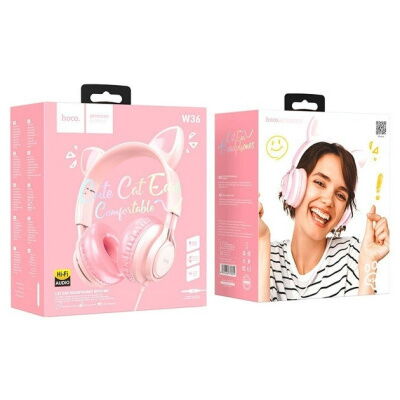 Наушники проводные с ушками HOCO Cat ear W36 с микрофоном Pink фото в интернет магазине WiseSmart.com.ua