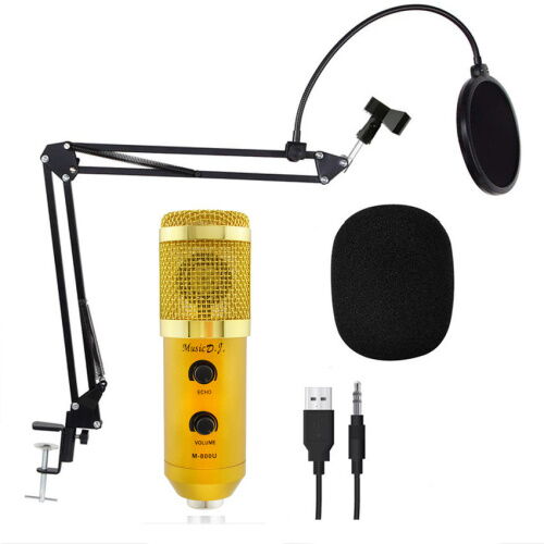 Микрофон студийный конденсаторный Music D.J. M-800U со стойкой и ветрозащитой Gold фото в интернет магазине WiseSmart.com.ua