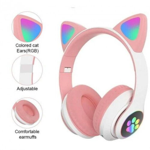 Полноразмерные наушники беспроводные Cat Headset M23 Bluetooth с RGB подсветкой и кошачьими ушками Pink фото в интернет магазине WiseSmart.com.ua