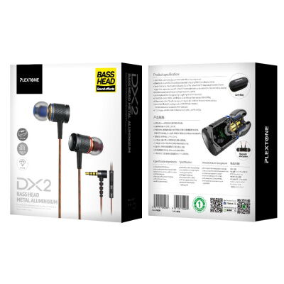 Проводные динамические стерео наушники Plextone Bass Head DX2 Gold + аудио адаптер 2*3.5 мм (mini-Jack) фото в интернет магазине WiseSmart.com.ua